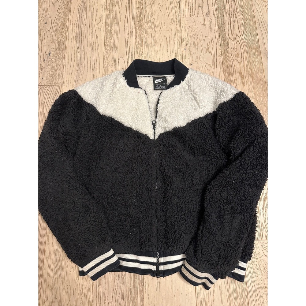 Nike Sportswear Sherpa Fleece Bomber Jacket Black White Chevron Full Zip Medium